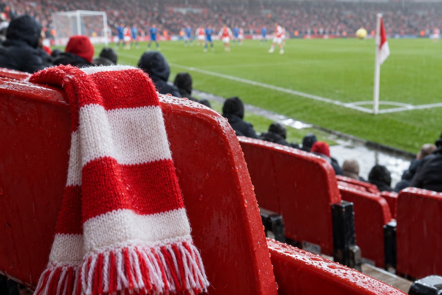 Rødt og hvidt halstørklæde på et regnvådt rødt stadionsæde ved en fiktiv fodboldbane; ikke Emirates Stadium eller et foto fra Arsenal–Everton. AI-genereret, fotorealistisk temabillede; viser ikke den konkrete begivenhed.