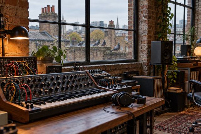 Synthesizer i et fiktivt musikstudie med duer på taget udenfor; ikke Biceps studie eller et billede fra musikvideoerne. AI-genereret, fotorealistisk temabillede; viser ikke den konkrete begivenhed.