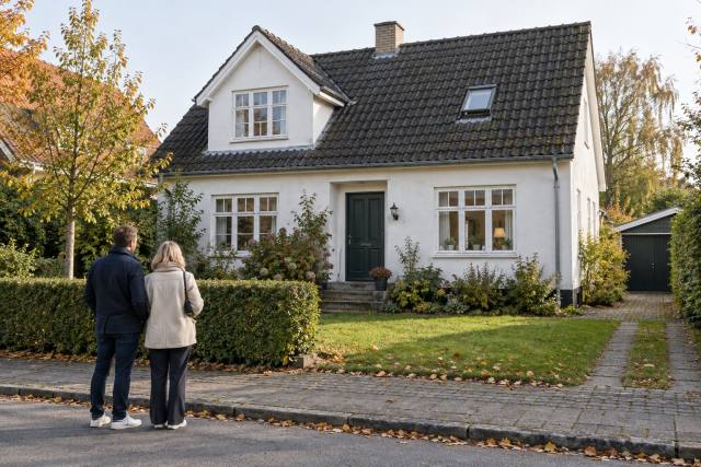 AI-genereret, fotorealistisk temabillede af en fiktiv dansk villa og anonyme boligsøgende; ikke en konkret boligannonce, handel eller dokumentation af Boligsidens opgørelse.