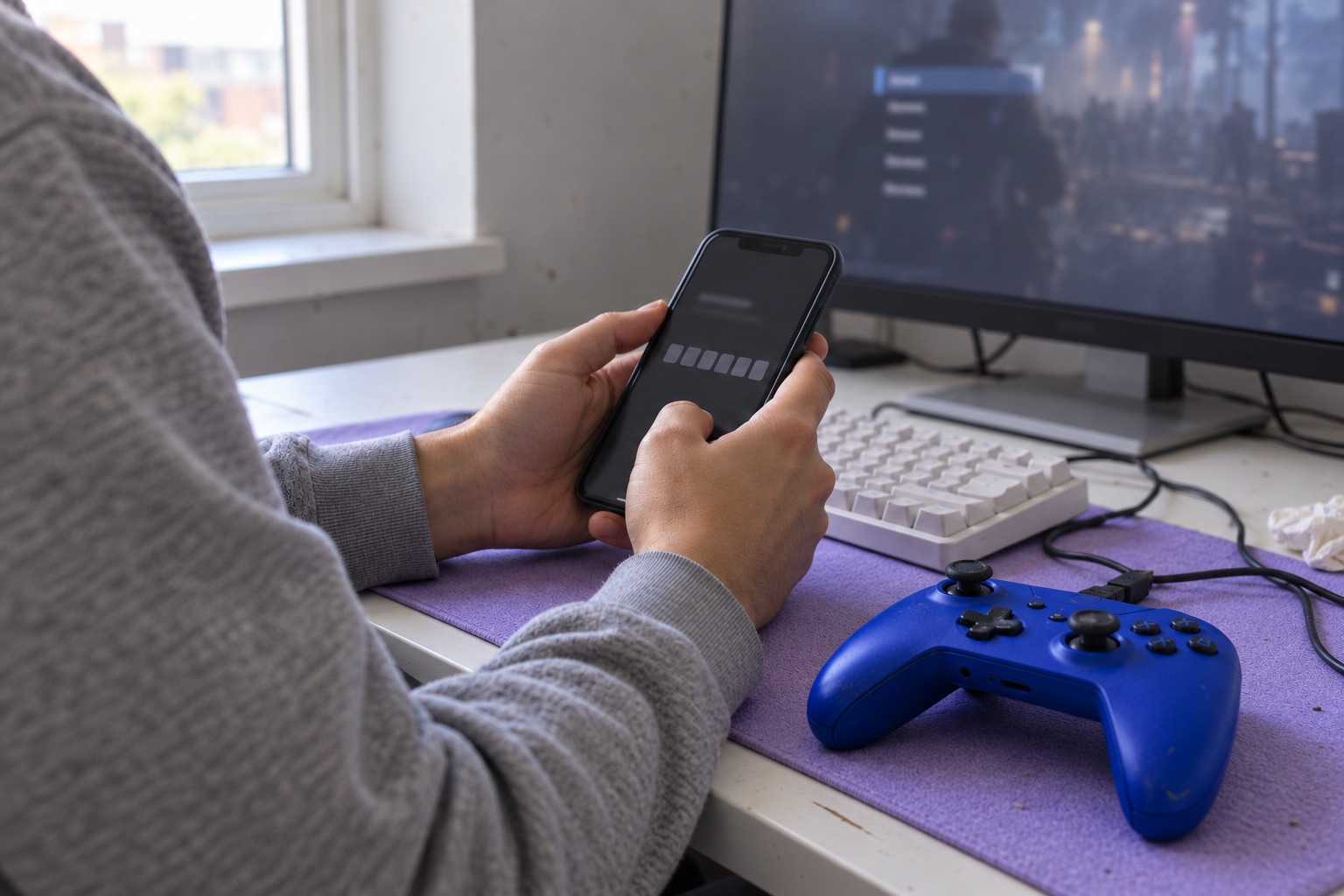 Spilcontroller og en fiktiv brugers telefon ved en computer; ikke en Capcom-skærm, berørt kunde eller dokumentation af datalækket. AI-genereret, fotorealistisk temabillede; viser ikke den konkrete begivenhed.