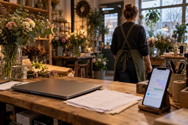 Lukket bærbar og telefon med uskarpt opgaveoverblik ved en fiktiv blomsterbutiks kontorplads; ikke en Claude Duet-skærm, virkelig bruger eller produkttest. AI-genereret, fotorealistisk temabillede; viser ikke den konkrete begivenhed.