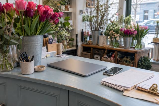 Lukket bærbar og telefon på en lyseblå disk med pink tulipaner i en fiktiv blomsterbutik; ikke en Claude Duet-brugerflade eller virkelig kunde. AI-genereret, fotorealistisk temabillede; viser ikke den konkrete begivenhed.
