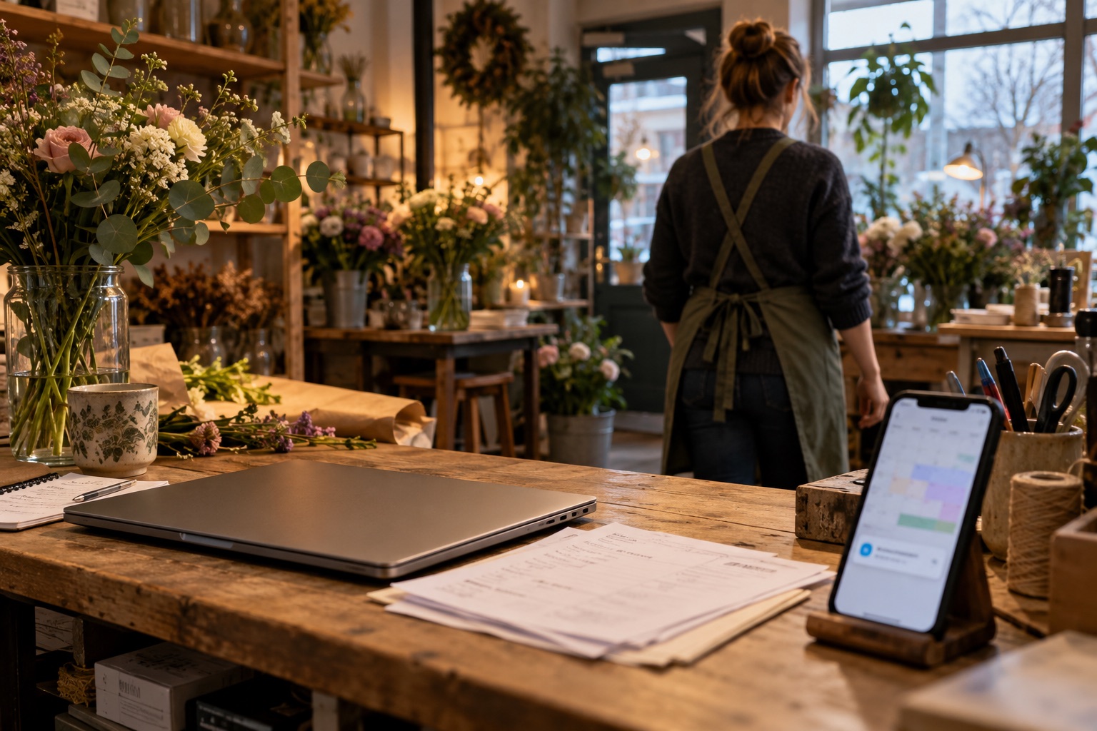 Lukket bærbar og telefon med uskarpt opgaveoverblik ved en fiktiv blomsterbutiks kontorplads; ikke en Claude Duet-skærm, virkelig bruger eller produkttest. AI-genereret, fotorealistisk temabillede; viser ikke den konkrete begivenhed.