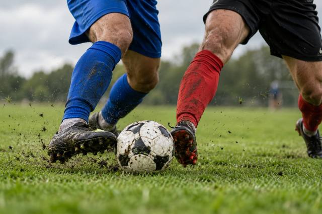 Fiktiv duel om en fodbold med blå og røde strømper på grøn bane; ikke spillere fra Como eller Manchester United og ikke et foto fra kampen. AI-genereret, fotorealistisk temabillede; viser ikke den konkrete begivenhed.