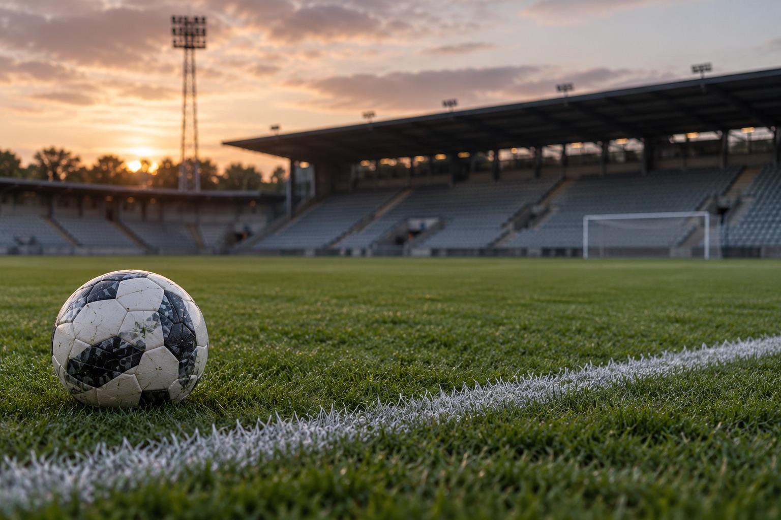 Fodbold ved sidelinjen på en tom fodboldbane – AI-genereret billede