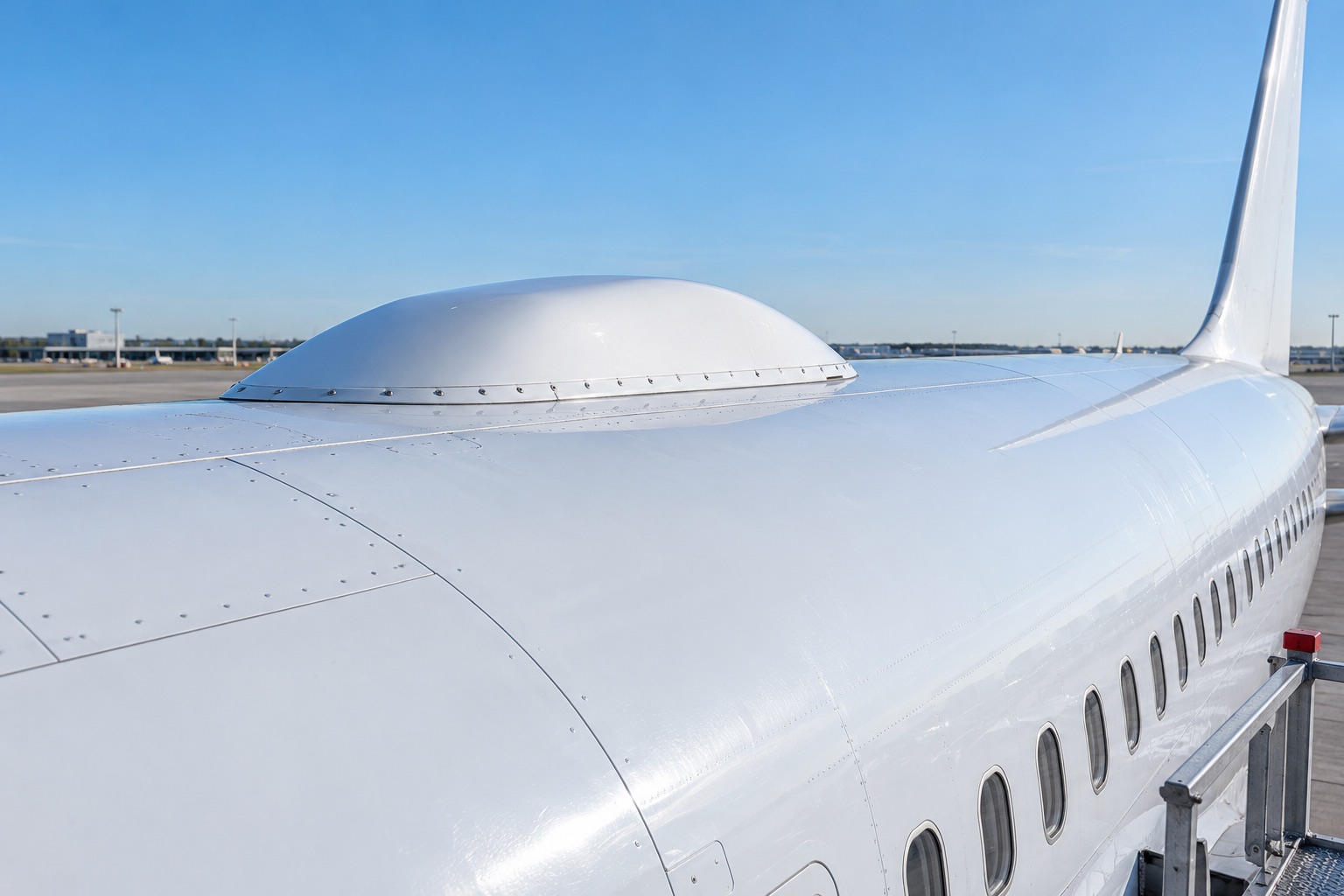 AI-genereret, fotorealistisk temabillede af et fiktivt passagerfly med antennekappe; ikke et easyJet-fly, et Starlink-produktfoto eller dokumentation af installationen.