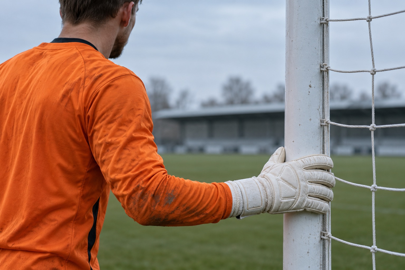 AI-genereret, fotorealistisk temabillede af en fiktiv målmand i orange trøje ved en målstolpe; ikke Viljar Myhra, en FCK- eller OB-spiller eller et foto fra kampen.