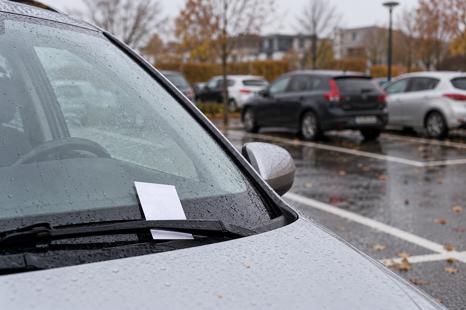 Papirseddel under vinduesviskeren på en parkeret bil – AI-genereret temabillede