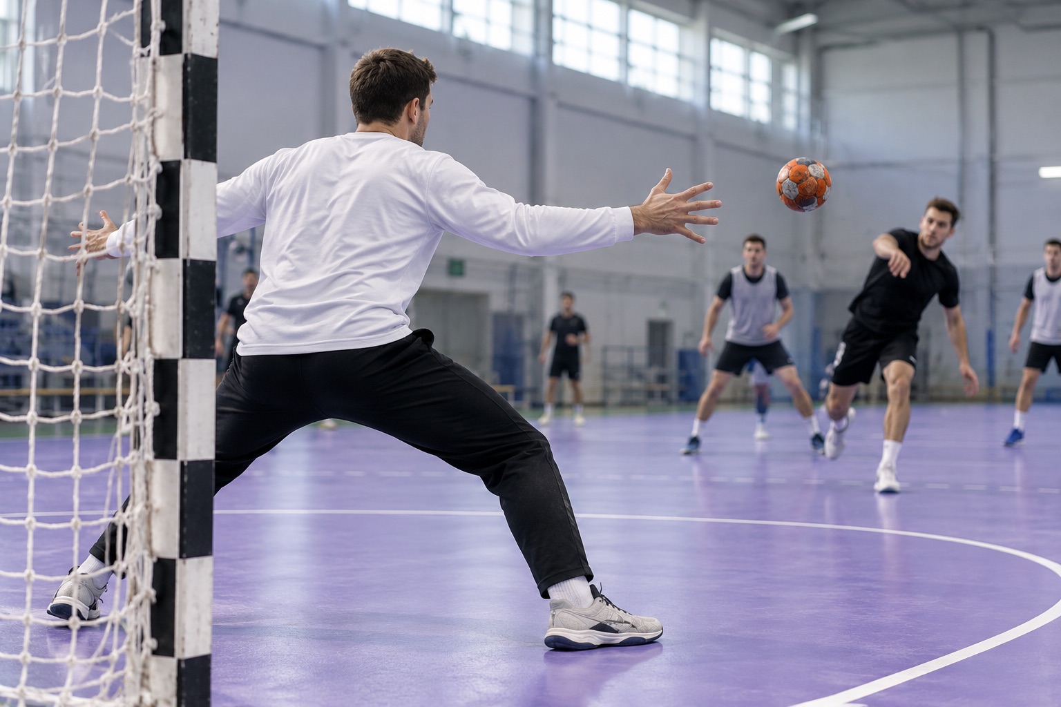 Fiktiv håndboldmålmand ved et mål på en lilla indendørsbane; ikke Kevin Møller, GOG, Szeged eller et foto fra kampen. AI-genereret, fotorealistisk temabillede; viser ikke den konkrete begivenhed.