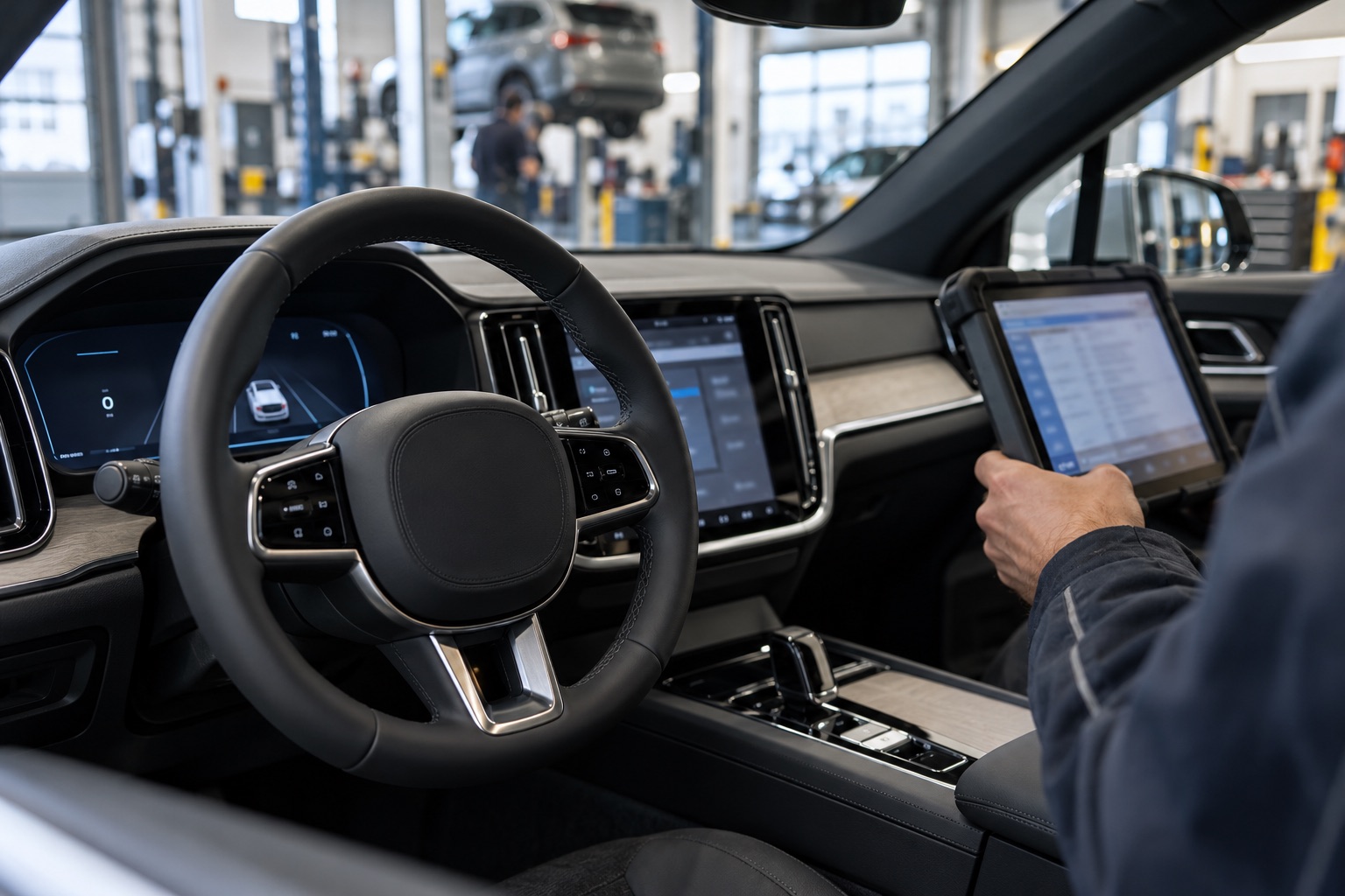 Diagnosetablet og fartpilotknapper i en fiktiv elbil på et opdigtet værksted; ikke en Hongqi-model, en berørt ejer eller en konkret fabrikskampagne. AI-genereret, fotorealistisk temabillede; viser ikke den konkrete begivenhed.