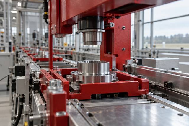 AI-genereret, fotorealistisk temabillede af en fiktiv industriproduktion med rødt maskinudstyr; ikke en bestemt fabrik eller dokumentation af regional vækst eller en konkret hændelse.