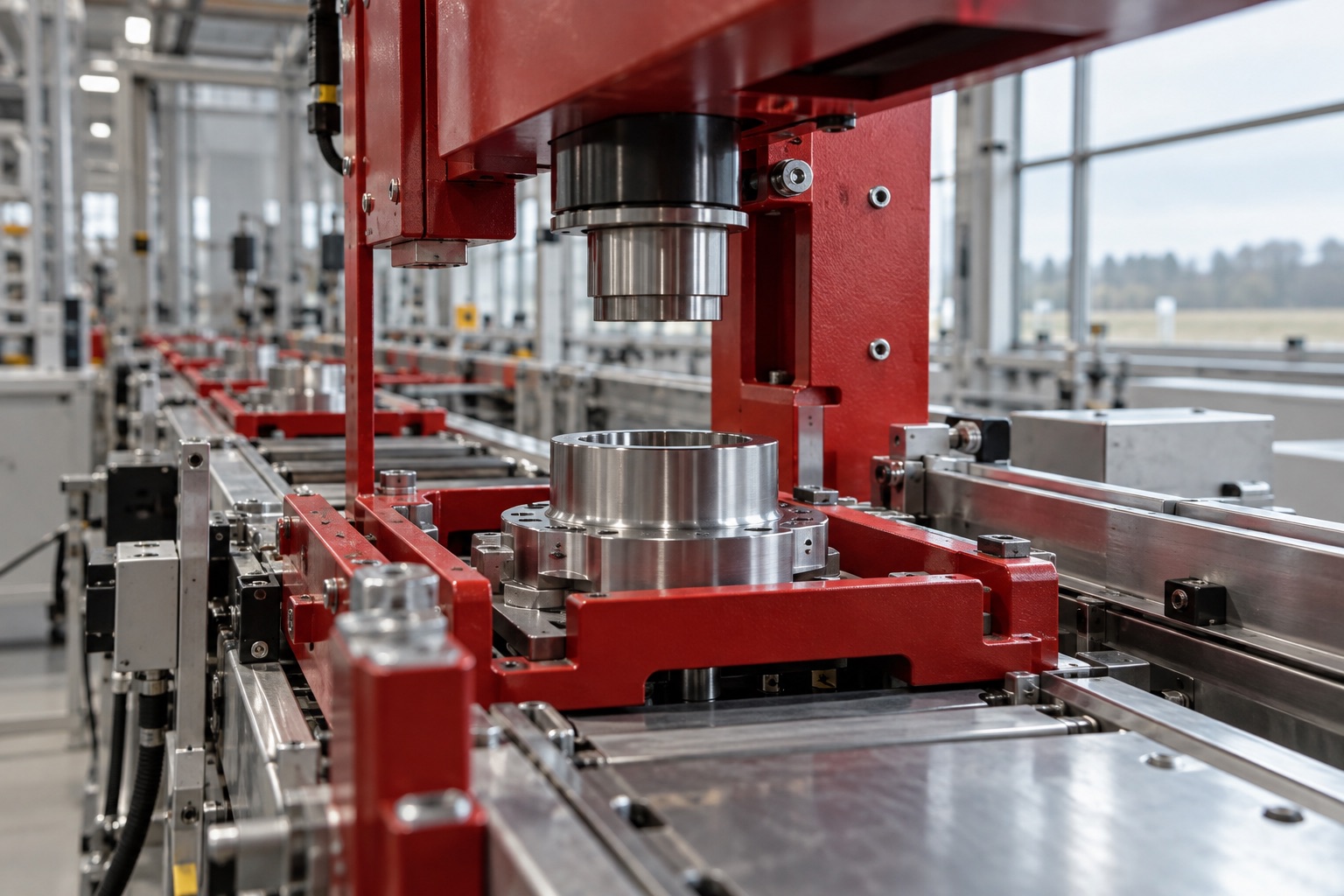 AI-genereret, fotorealistisk temabillede af en fiktiv industriproduktion med rødt maskinudstyr; ikke en bestemt fabrik eller dokumentation af regional vækst eller en konkret hændelse.