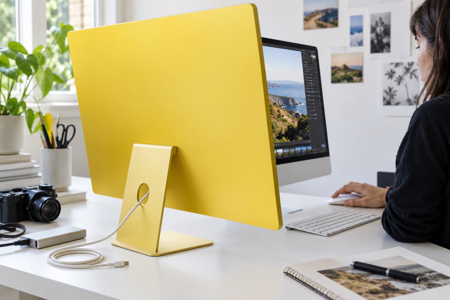 AI-genereret, fotorealistisk temabillede af en fiktiv gul alt-i-en-computer ved en designers arbejdsplads; ikke et produktfoto af iMac M6 eller dokumentation af Apples lancering, ydelse eller portplacering.