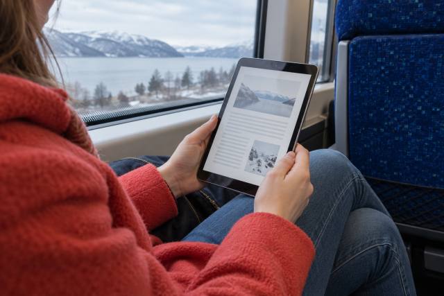 AI-genereret, fotorealistisk temabillede af en fiktiv rejsendes hænder med en kompakt tablet på et blåt togsæde; ikke et produktfoto af den nye iPad mini eller dokumentation af lanceringen.