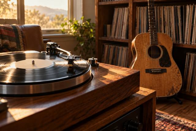 Pladespiller med vinyl og en akustisk guitar i et fiktivt lytterum; ikke John Andersons ejendele eller hjem og ikke et foto fra en konkret begivenhed. AI-genereret, fotorealistisk temabillede; viser ikke den konkrete begivenhed.