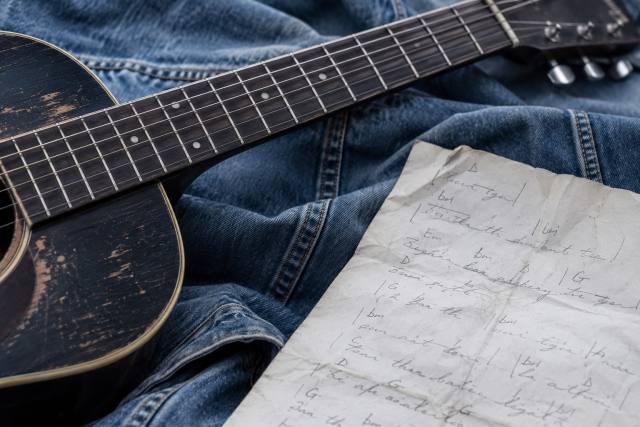 Slidt guitar og fiktive akkordnoter på blåt denim; ikke John Andersons instrument eller papirer. AI-genereret, fotorealistisk temabillede; viser ikke den konkrete begivenhed.