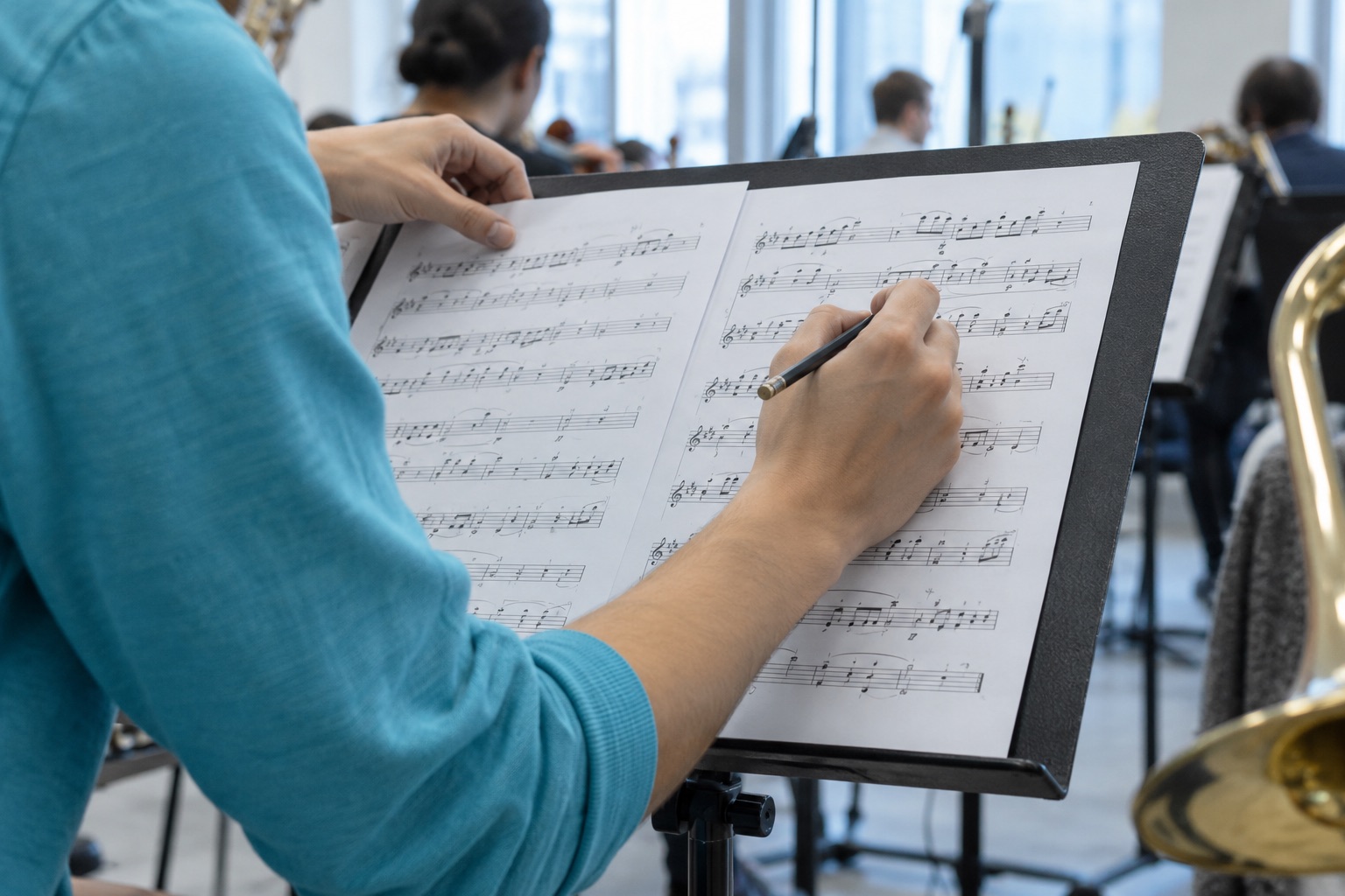 Hænder retter et fiktivt orkesterpartitur ved en prøve; ikke John Williams, Bernard Herrmann eller dokumentation af prisuddelingen. AI-genereret, fotorealistisk temabillede; viser ikke den konkrete begivenhed.