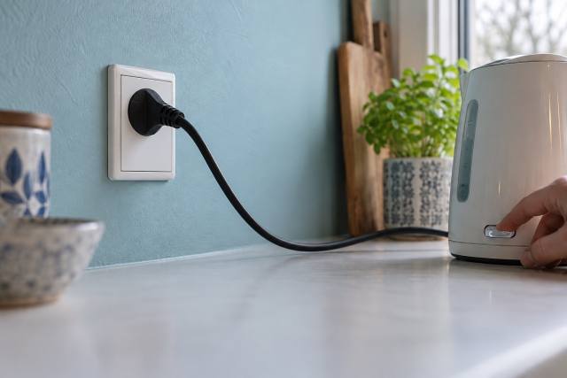AI-genereret, fotorealistisk temabillede af en fiktiv stikkontakt og elkedel i et hjem; ikke en konkret Kärnfull-kunde, selskabets installation eller dokumentation af strømmens energikilde eller myndighedssagen.