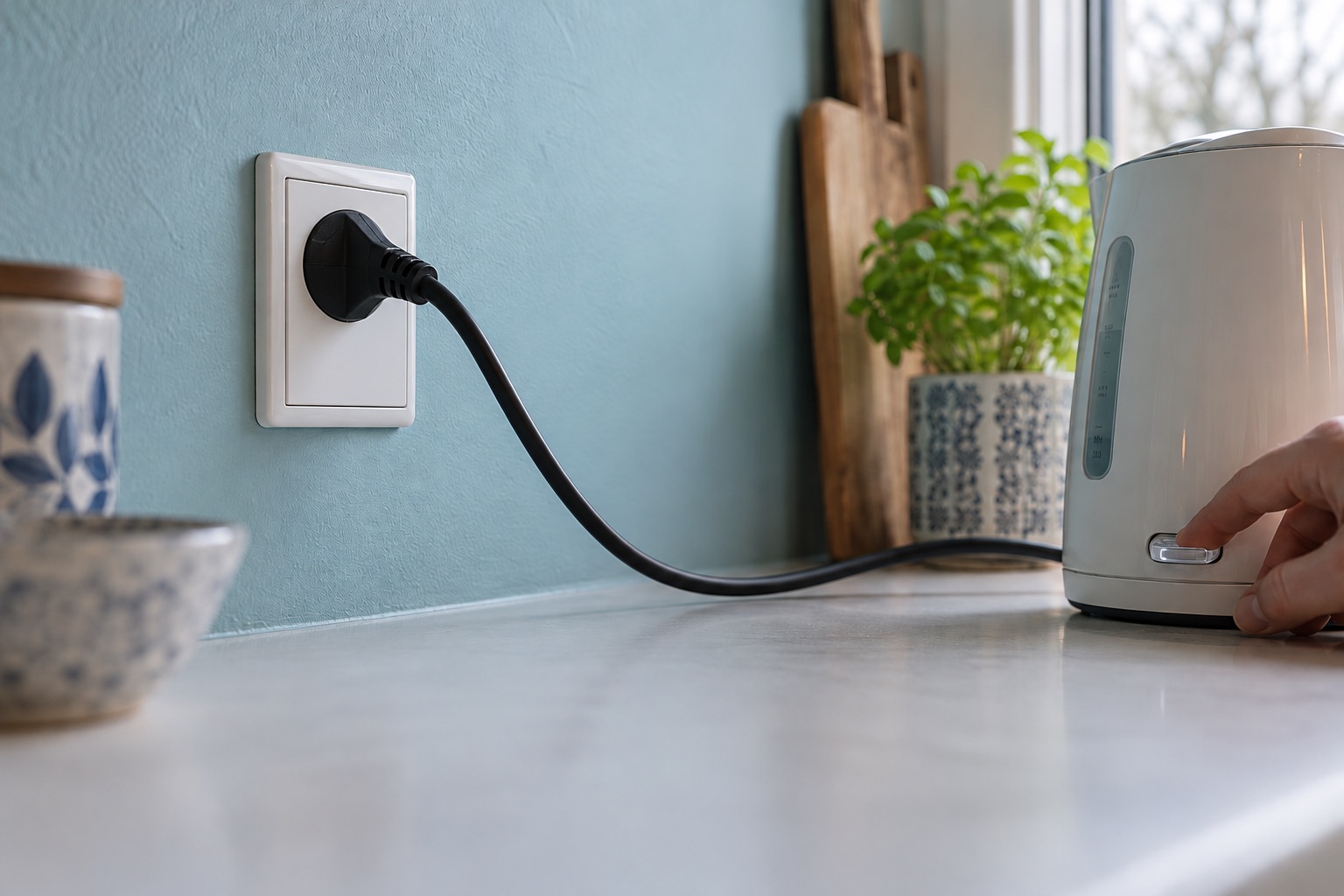 AI-genereret, fotorealistisk temabillede af en fiktiv stikkontakt og elkedel i et hjem; ikke en konkret Kärnfull-kunde, selskabets installation eller dokumentation af strømmens energikilde eller myndighedssagen.