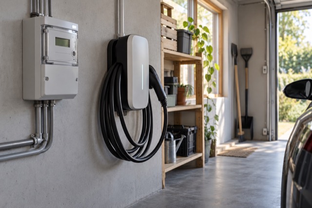 Elmåler og ladeboks i en garage – AI-genereret billede