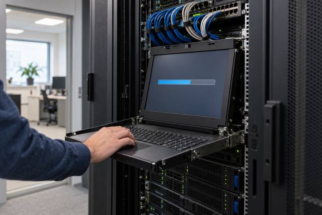 Teknikerhånd ved vedligeholdelsestastatur i et fiktivt serverrum med netværkskabler og serverrack; ikke et foto af en berørt virksomhed eller et konkret angreb. AI-genereret, fotorealistisk temabillede; viser ikke den konkrete begivenhed.