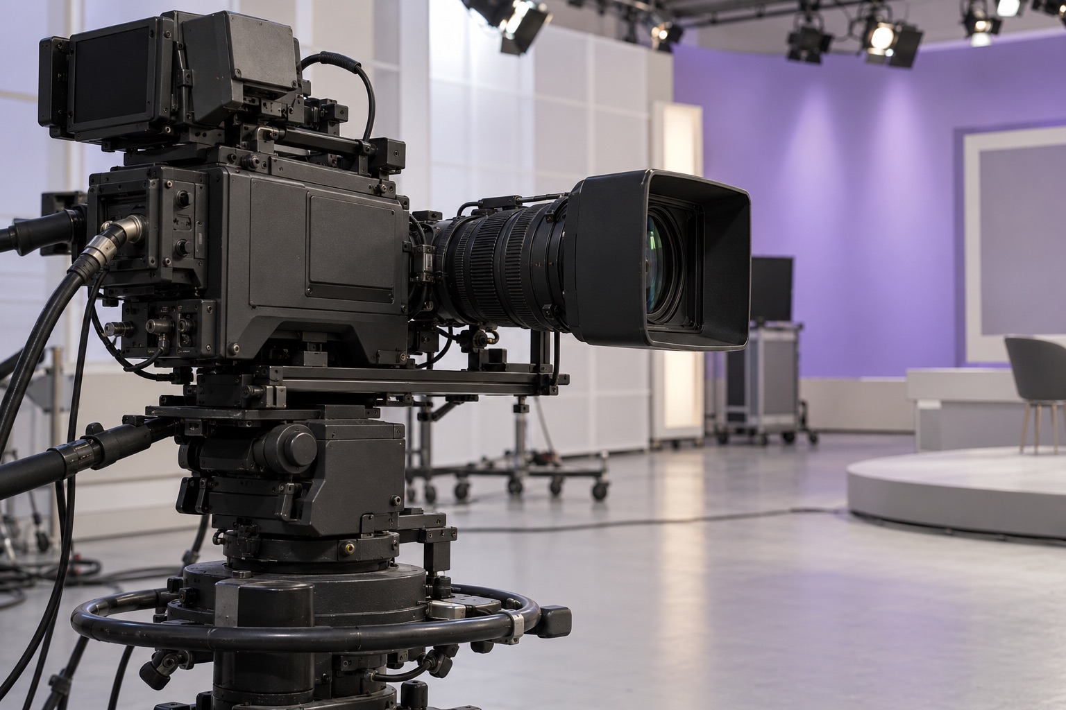 AI-genereret, fotorealistisk temabillede af et fiktivt tv-kamera i et lyst studie med violet baggrund; ikke et billede fra Primetime, en faktisk filmoptagelse eller Gotham-prisuddelingen.