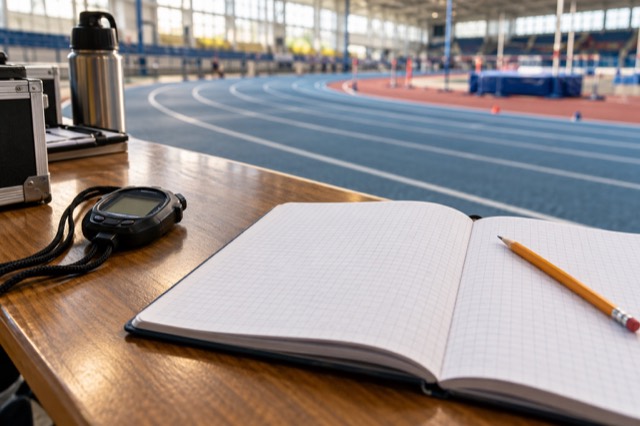 Stopur og notesbog ved en atletikbane – AI-genereret billede