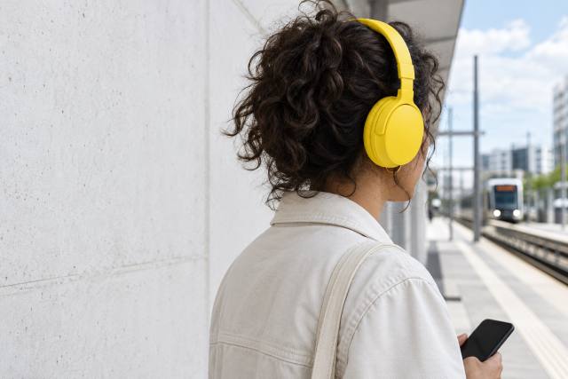 Fiktiv lytter med gule høretelefoner ved en hvid betonvæg i dagslys; ikke en virkelig Spotify-kunde eller dokumentation af en konkret begivenhed. AI-genereret, fotorealistisk temabillede; viser ikke den konkrete begivenhed.