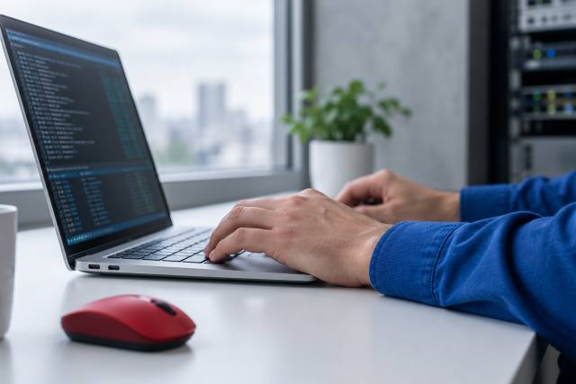 AI-genereret, fotorealistisk temabillede af en fiktiv IT-administrators hænder ved en bærbar computer; ikke Tailscales brugerflade, en berørt virksomhed eller dokumentation af Tailworm-forsøget eller et konkret angreb.