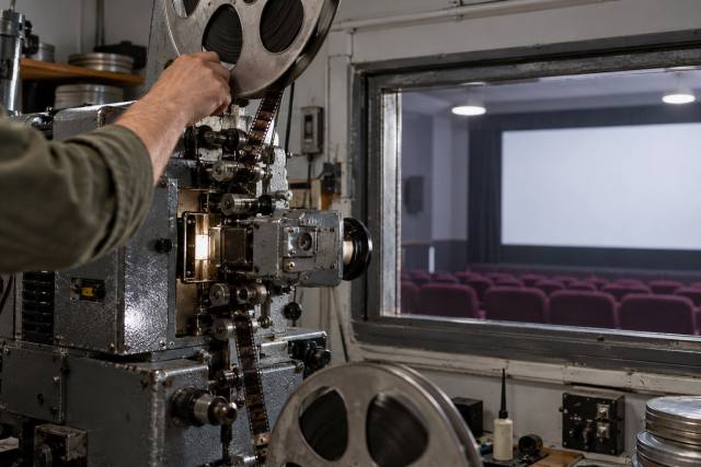 Filmfremviser og en operatørs hånd i en fiktiv biograf; ikke Brad Pitt, New Beverly Cinema, AFI Fest eller et billede fra filmen. AI-genereret, fotorealistisk temabillede; viser ikke den konkrete begivenhed.