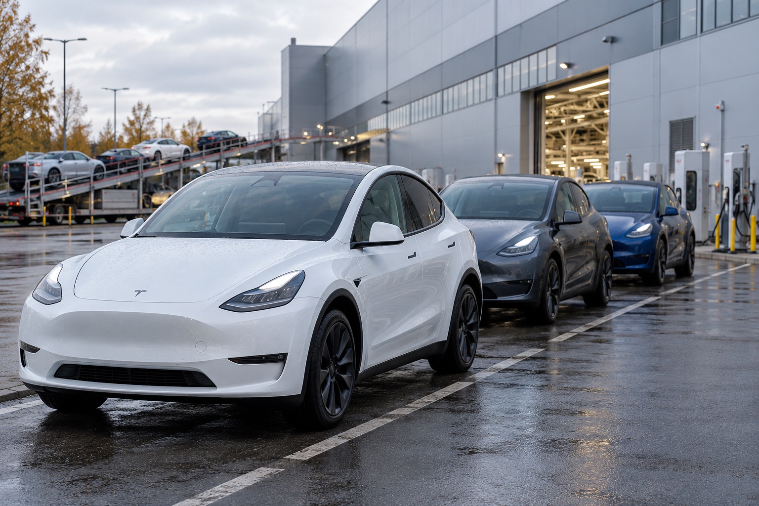Tesla-lignende elbiler på en fiktiv fabriks udleveringsplads en våd efterårsmorgen; motivet dokumenterer ikke en konkret fabrik eller levering. AI-genereret, fotorealistisk temabillede; viser ikke den konkrete begivenhed.