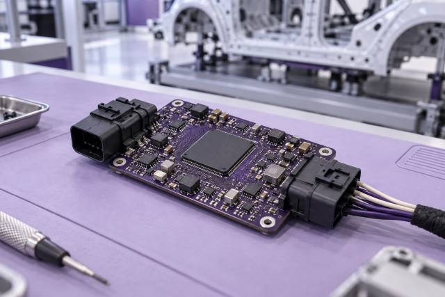 AI-genereret, fotorealistisk temabillede af en fiktiv elektronisk styreenhed på en lilla arbejdsmåtte; ikke et NXP S32K5-produktfoto, en Volkswagen-prototype eller dokumentation af partnerskabet.