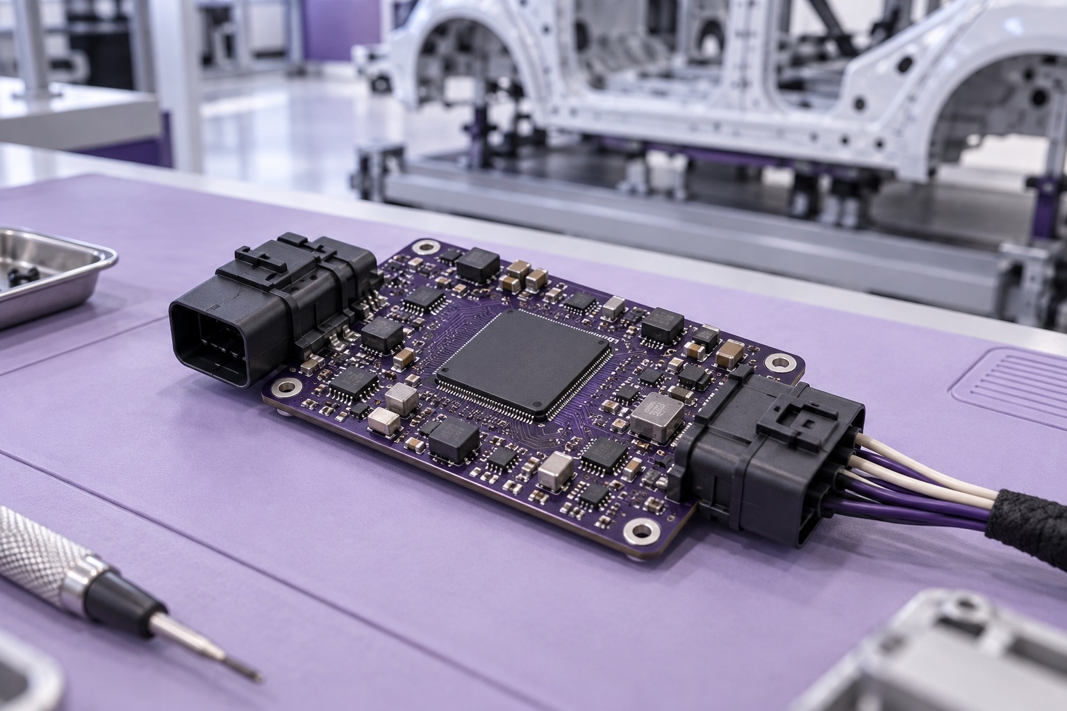 AI-genereret, fotorealistisk temabillede af en fiktiv elektronisk styreenhed på en lilla arbejdsmåtte; ikke et NXP S32K5-produktfoto, en Volkswagen-prototype eller dokumentation af partnerskabet.