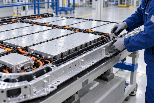 Battericeller og en teknikers hænder ved en fiktiv samlestation; ikke et Volvo-batteri, fabrikken i Torslanda eller dokumentation af produktionsproblemet. AI-genereret, fotorealistisk temabillede; viser ikke den konkrete begivenhed.