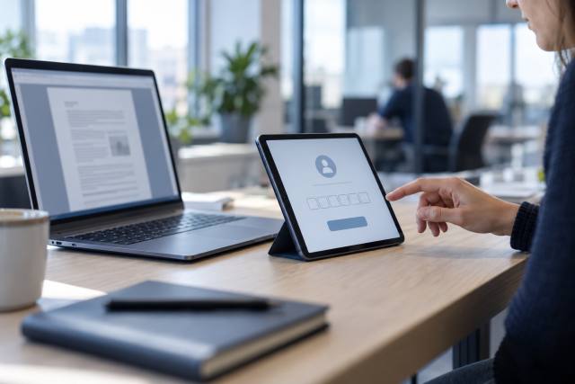 Medarbejder ved laptop og tablet med generisk kodegodkendelse; ikke et skærmbillede af det konkrete angreb. AI-genereret, fotorealistisk temabillede; viser ikke den konkrete begivenhed.